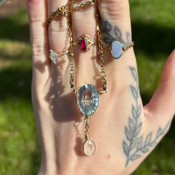 Blue mystic topaz and moonstone double dangle interchangeable necklace - Picture 2 of 5